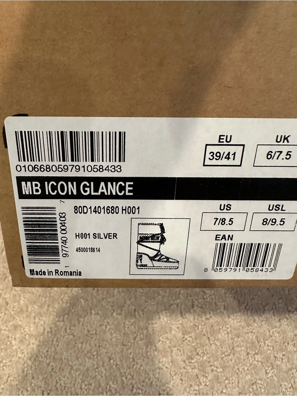 Moon Boot  MB Icon glance silver EU 39/41  US 7/8.5 new in box